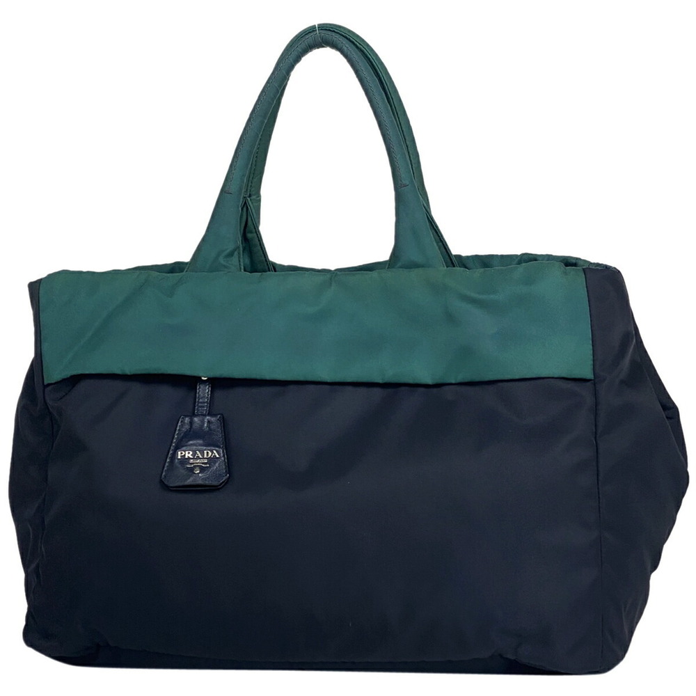 Prada logo plate tote bag reversible handbag Navy Blue green